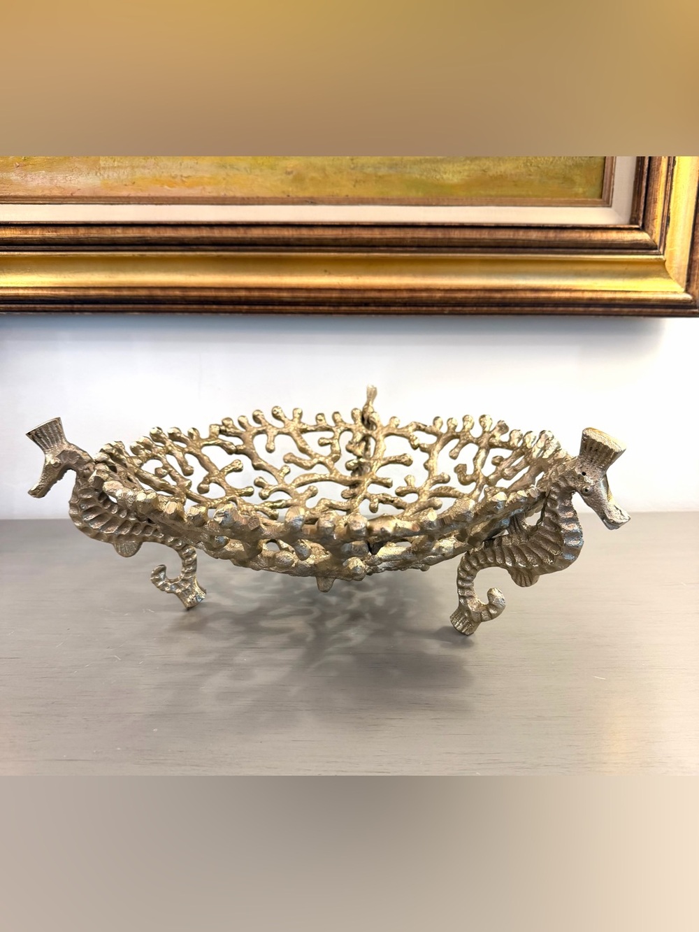 Antique Gold Tone Nautical Seahorse Coral Round Open Metal Footed Fruit Bowl
